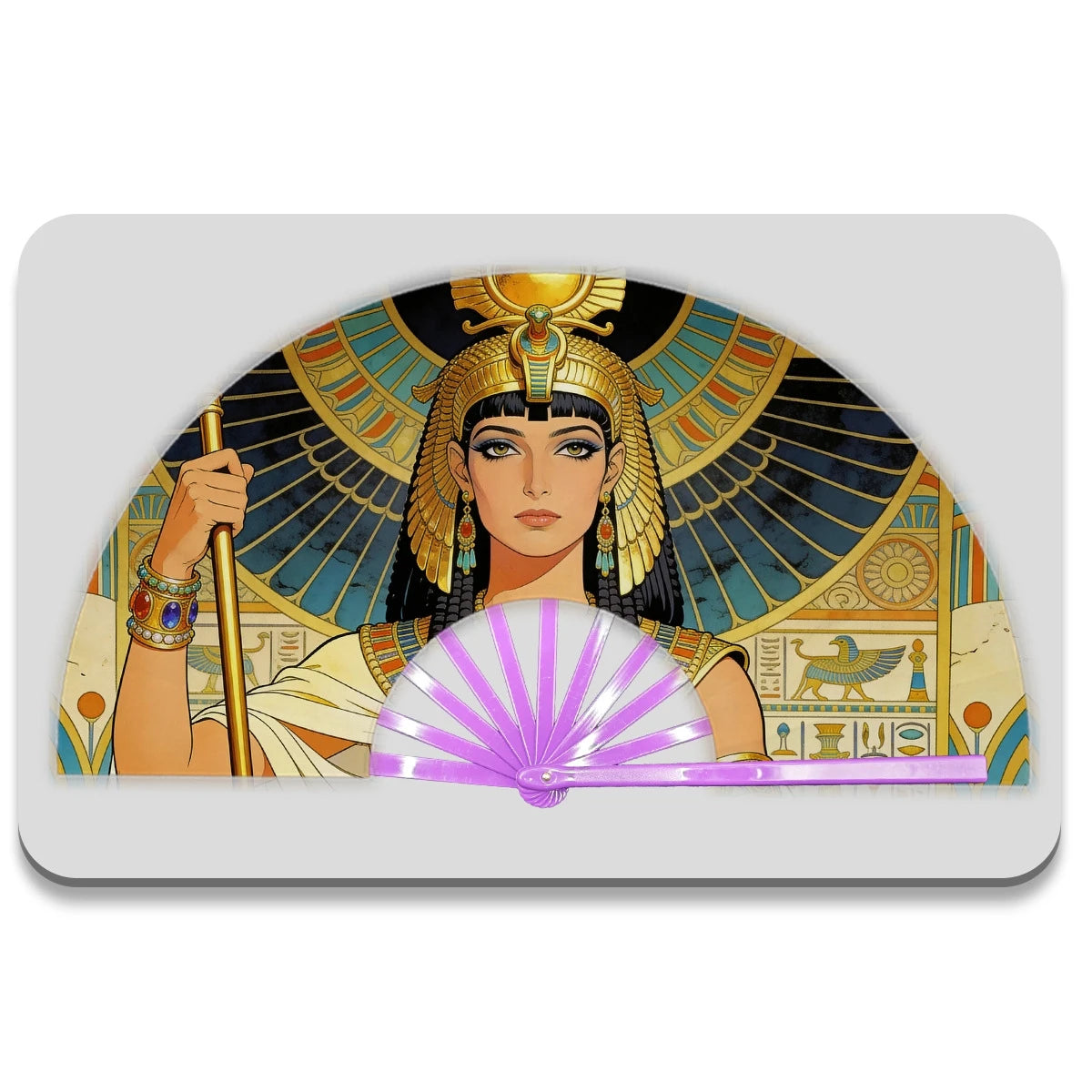 13" Egyptian Cleopatra Folding Fan - Plastic Rib Large Hand Fan for Cosplay, Ancient Egypt Party Decor & Summer Cooling Oasis Select Purple