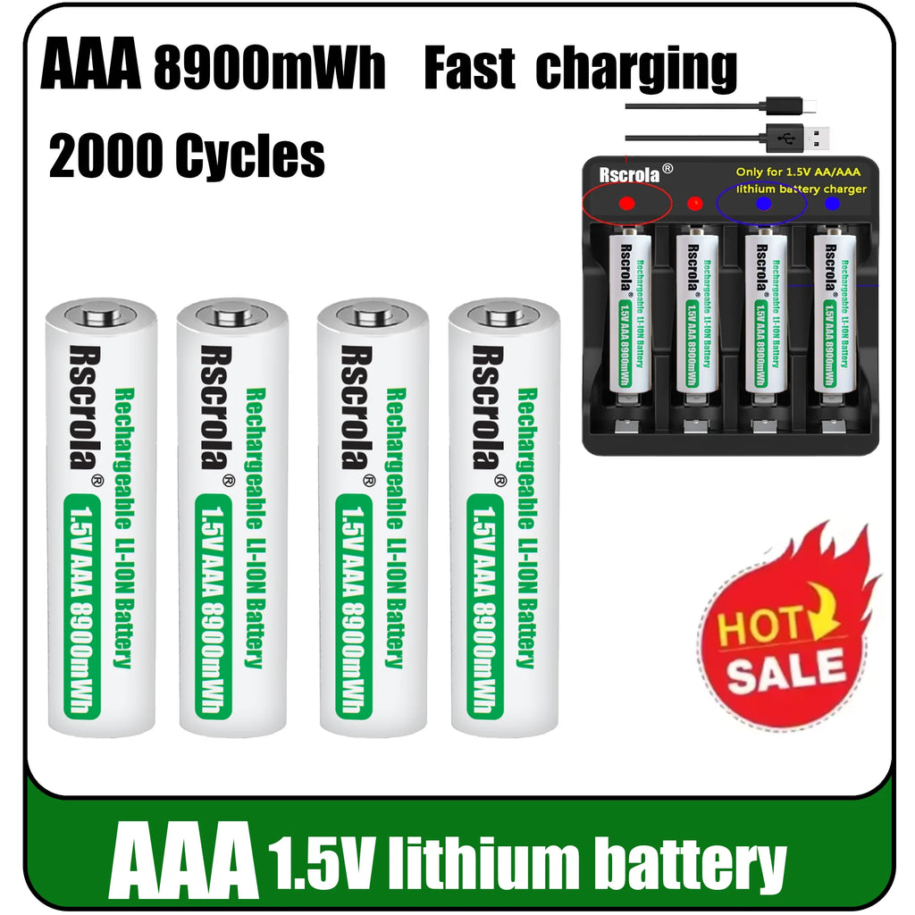Universal Rechargeable 1.5V AAA 8900mWh Lithium ion Battery Fast charging with Charger for Camare Clock Mouse Fan Electric Toys Oasis Select
