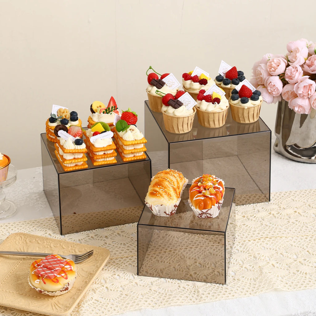 3pcs/4pcs Cube Glossy Black/Semi Transparent Black Acrylic Dessert Cake Display Stand Durable Wedding and Celebration Stand Oasis Select