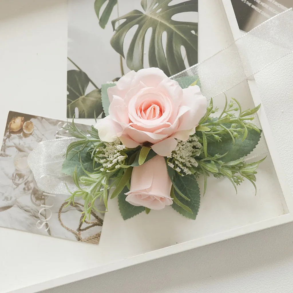 Wedding Artifical Flowers Silk Rose Boutonniere Ribbion Wrist Corsage Botonier Para Novio Boda Oasis Select Pink-1-Wrist Flower