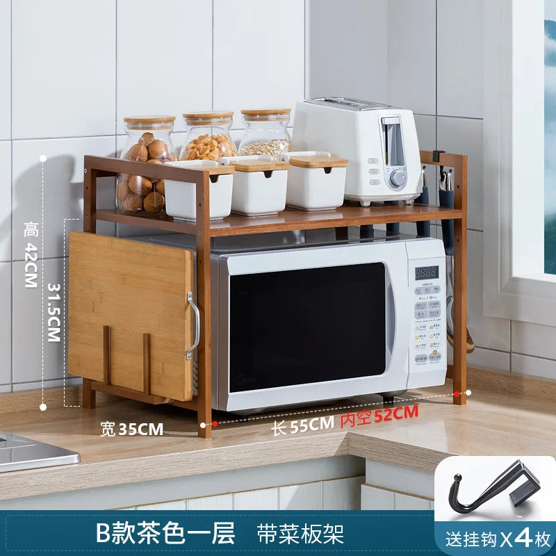 Kitchen Shelf Countertop Double Microwave Shelf Desktop Seasoning Oven Storage Rack Bamboo Solid Wood Oasis Select B first floor