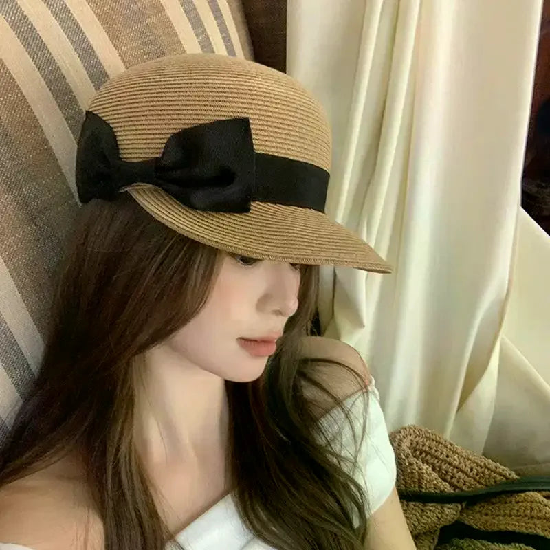 Women's Summer Straw Hat French Flat Top Vintage Bow Sun Visor Cap For Outdoor Travel Beach Vacation Sunscreen Headwear Oasis Select