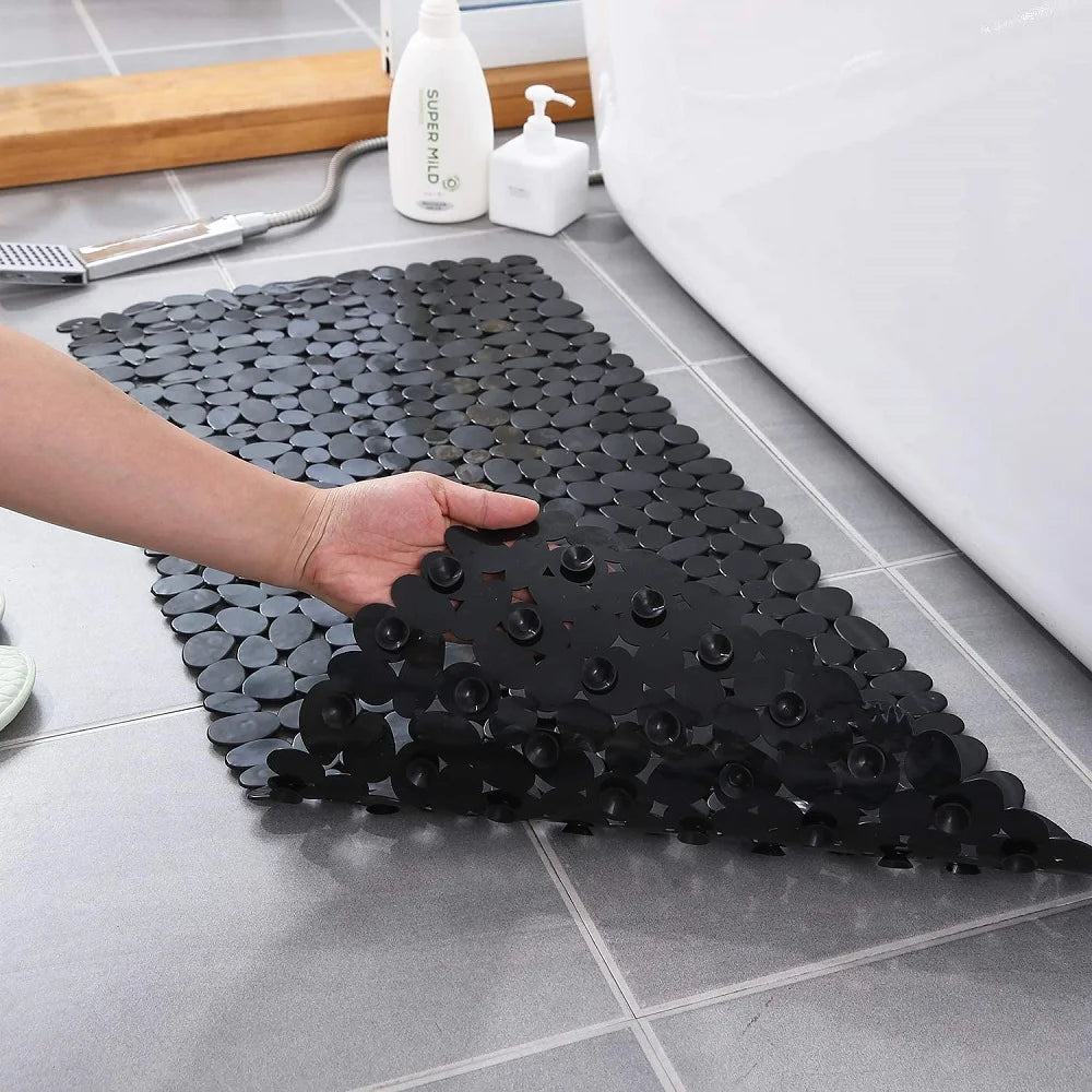 Non-Slip Bath Tub Shower Mats Pebble Shape Machine Washable Bathtub Mat With Drain Holes Suction Cups For Bathroom Oasis Select Black 70x36cm