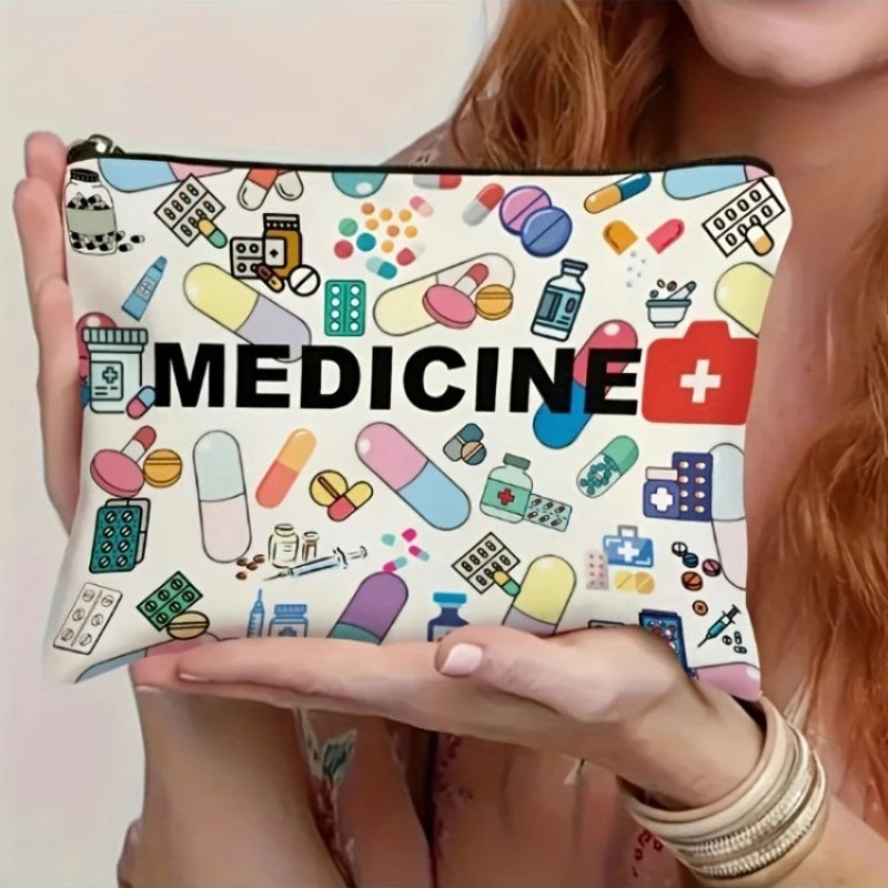 1pc Medicine Themed Cosmetic Travel Bag, Foldable Zippered Makeup Organizer for Healthcare Professionals, Gift Idea, Make Up Bag Oasis Select Medicine-Themed