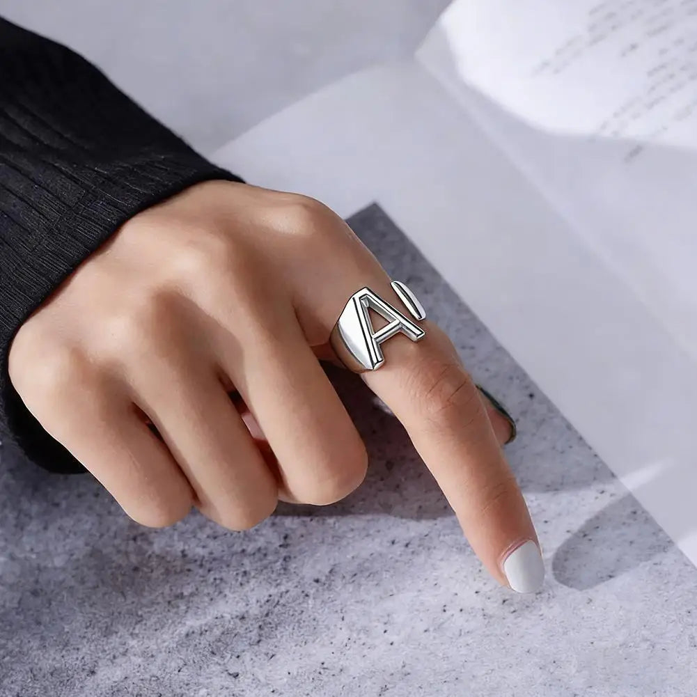 A-Z Initial Letter Ring – Adjustable Silver Open Ring for Women