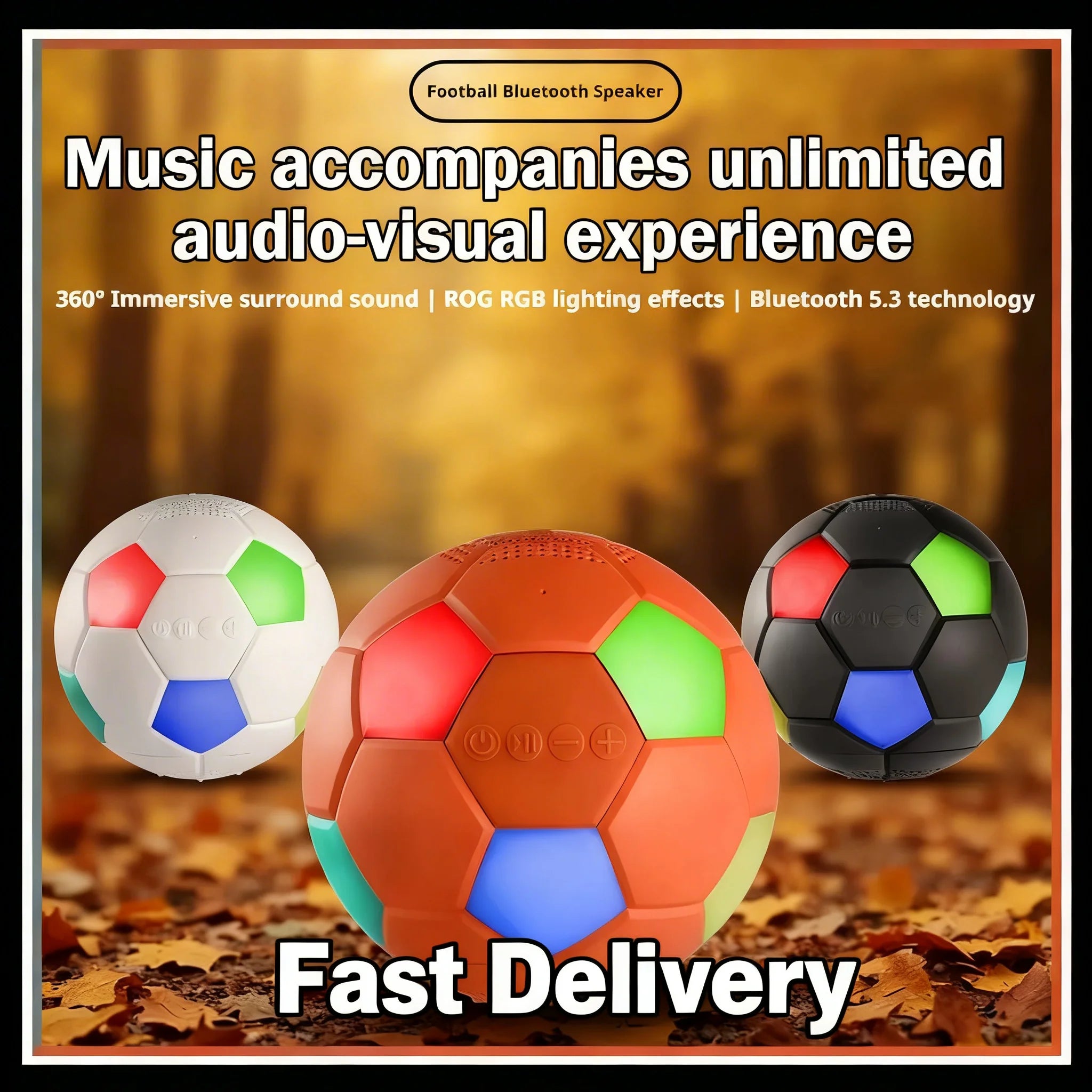 Football-Shaped RGB Bluetooth 5.3 Speaker – 360° Surround