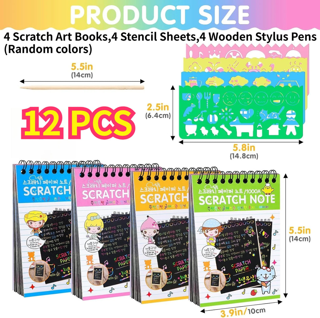 12 PCS Scratch Art Set 4 Rainbow Mini Notebooks 4 Stencil Sheets 4 Wooden Stylus Fun Drawing, Party Favors Creative Gifts Oasis Select