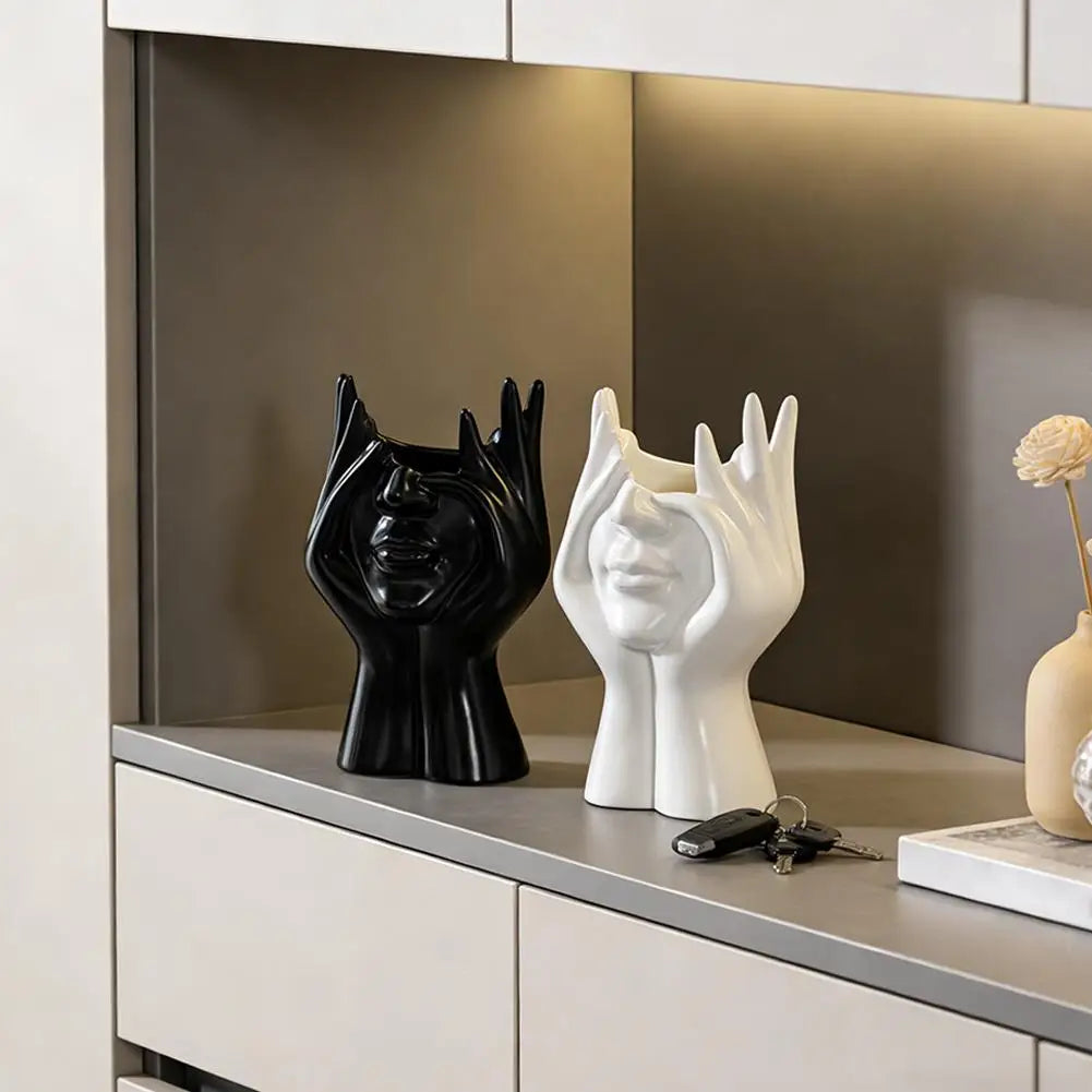 Pen Holder & Desk Decor White Abstract Face Sculpture with Hands, Modern Office Desktop Organizer for Pens, Makeup Brushes Oasis Select