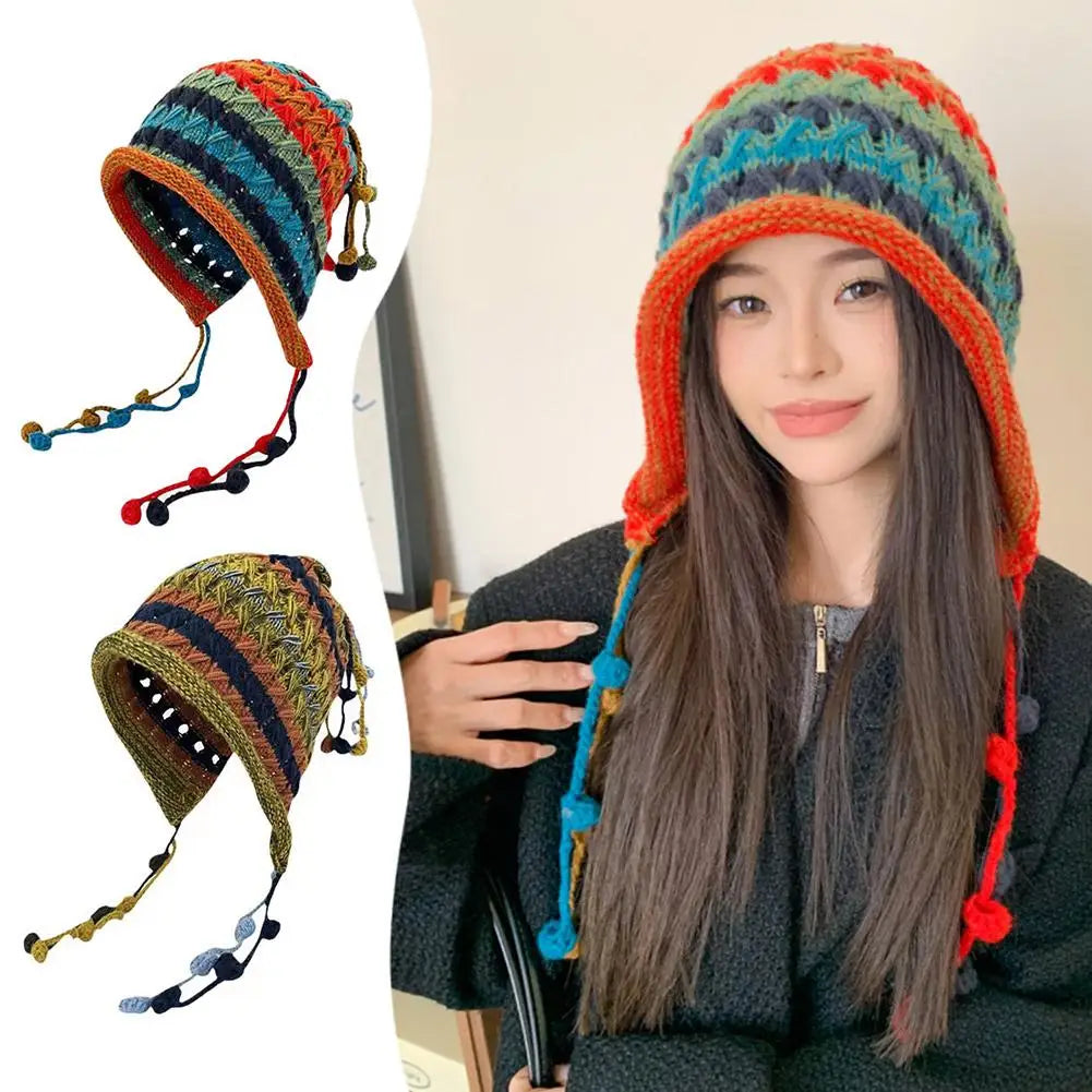 Rainbow Striped Knit Beanie Hat – Women's Winter Ear Protection Knit Beanie Hat Oasis Select