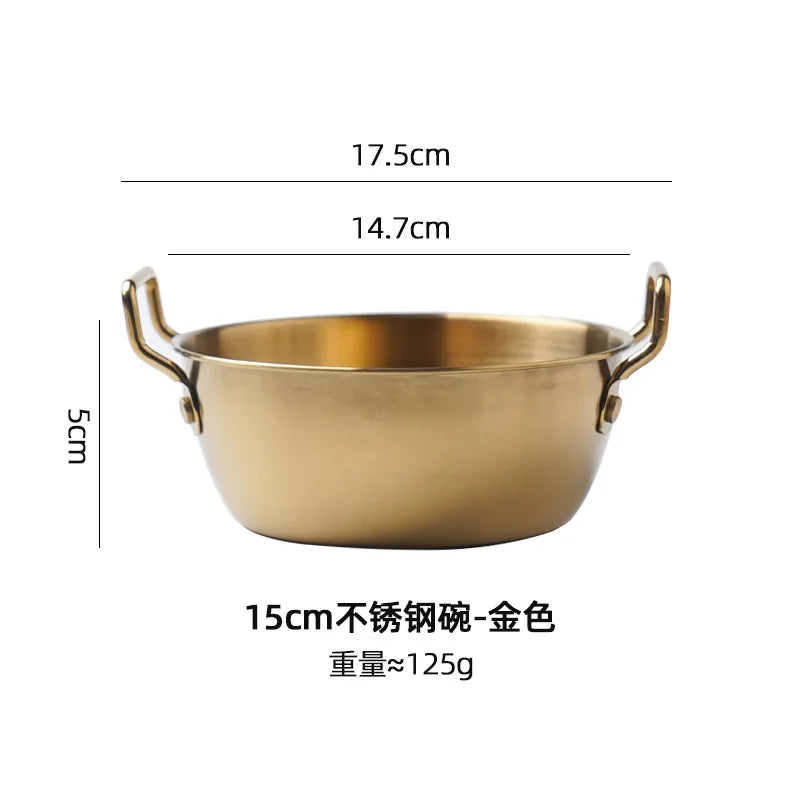 1Pcs Korean Style Cuisine Bowl Durable Stainless Steel Rice Wine Bowls Household Double Ear Snacks Plate Instant Noodle Bowl Oasis Select gold-L