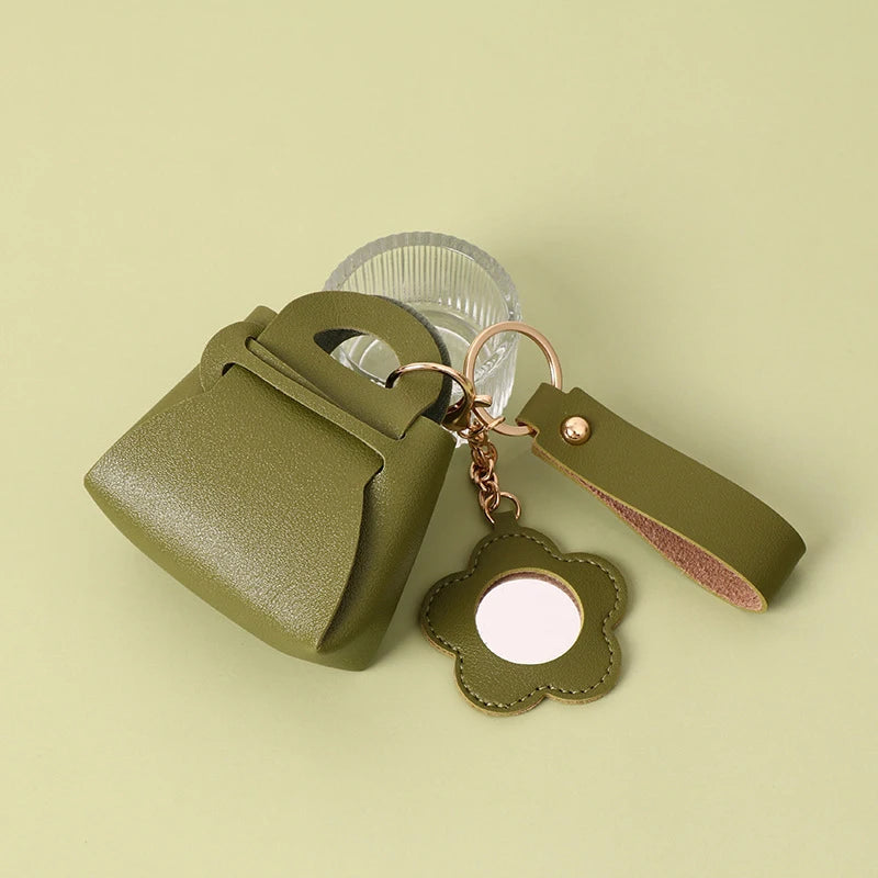 Creative Pu Leather Women Clutch Bag Shaped Keychain With Mirror Mini Earphone Key Bag Pendant Cute Coin Purse Pendant Gifts Oasis Select Green
