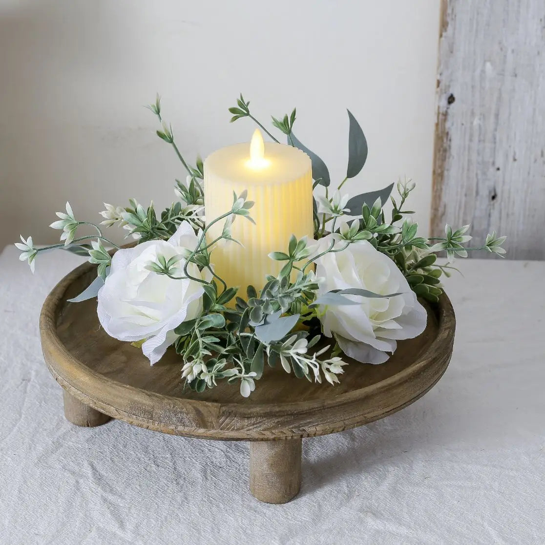 Artificial Rose Candle Ring Pillar Candles Greenery Flower Wreath Seasonal Candle Ring For Wedding Centerpiece Holiday Decor Oasis Select White