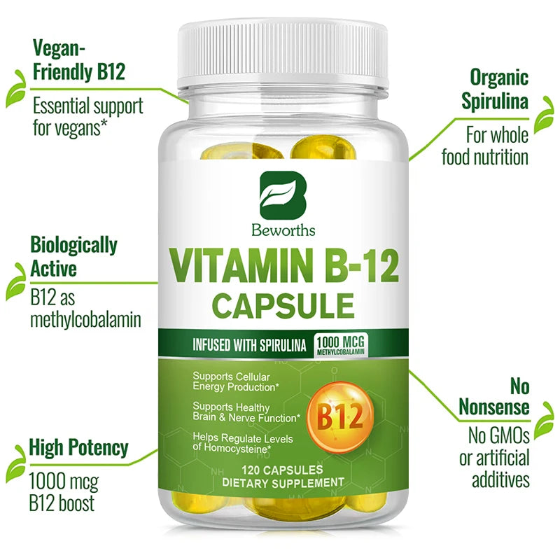 BEWORTHS 1000mcg Organic Vitamin B12 Capsules Support Cellular Energy Production, Brain and Nervous System Health 120PCS Oasis Select