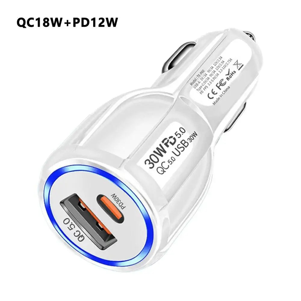 12W 30W Car Charger 2 Ports Car Charger Fast Charging QC 3.0 PD12W PD30W Car Cigarette Lighter Flash Charge For phones Oasis Select QC18W PD12W WHITE