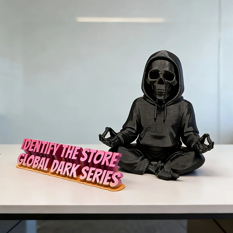 Gothic Hooded Skeleton Statue 3D Printing Yoga Pose Skull Mini Figurine Zen Ornament Decor Ornaments for Home Desktop Room Gifts Oasis Select