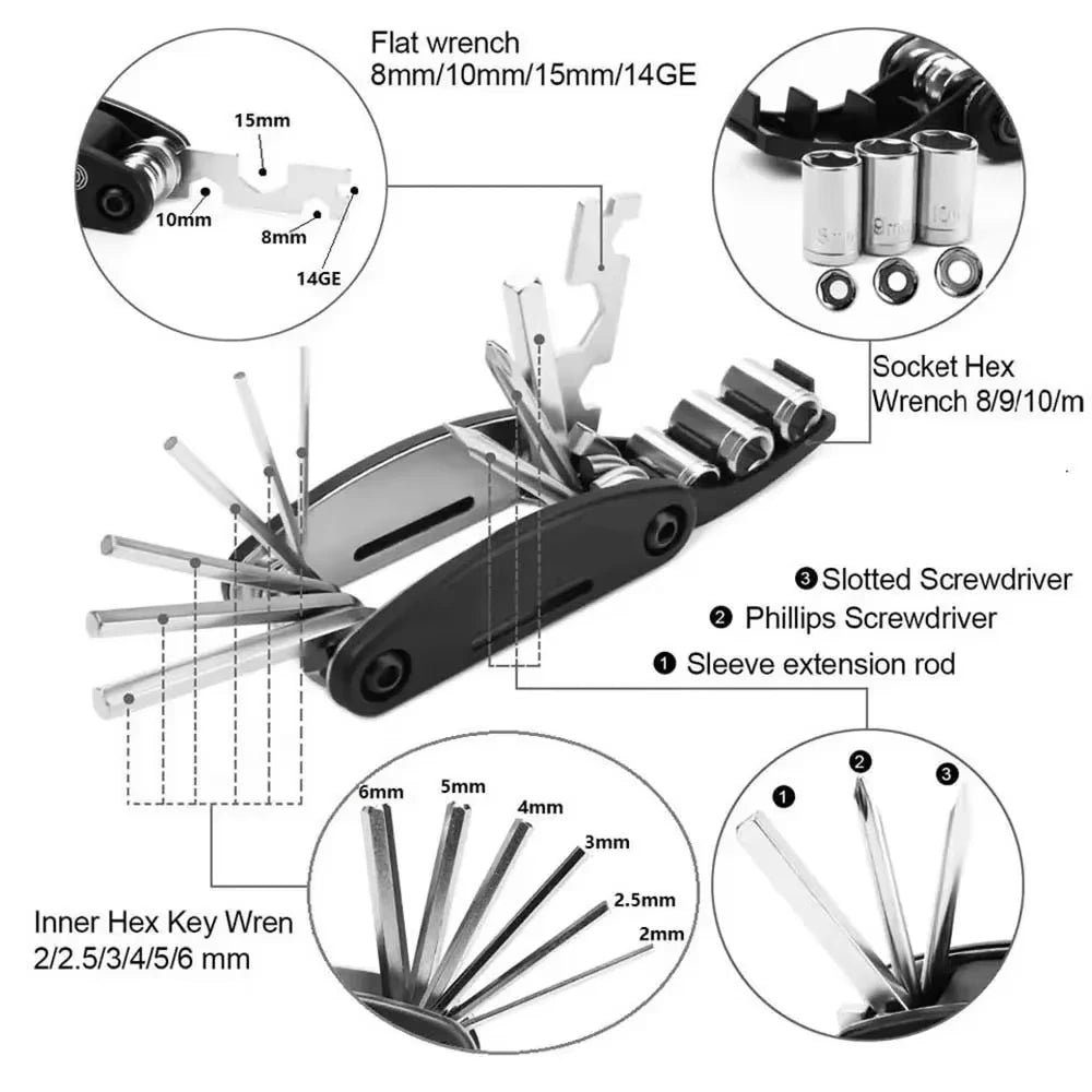 16 in 1 Portable Bicycle Repair Tools Kit Hex Wrench Nut Tire Screwdriver Motorcycle Bicycle Repair Tools Oasis Select