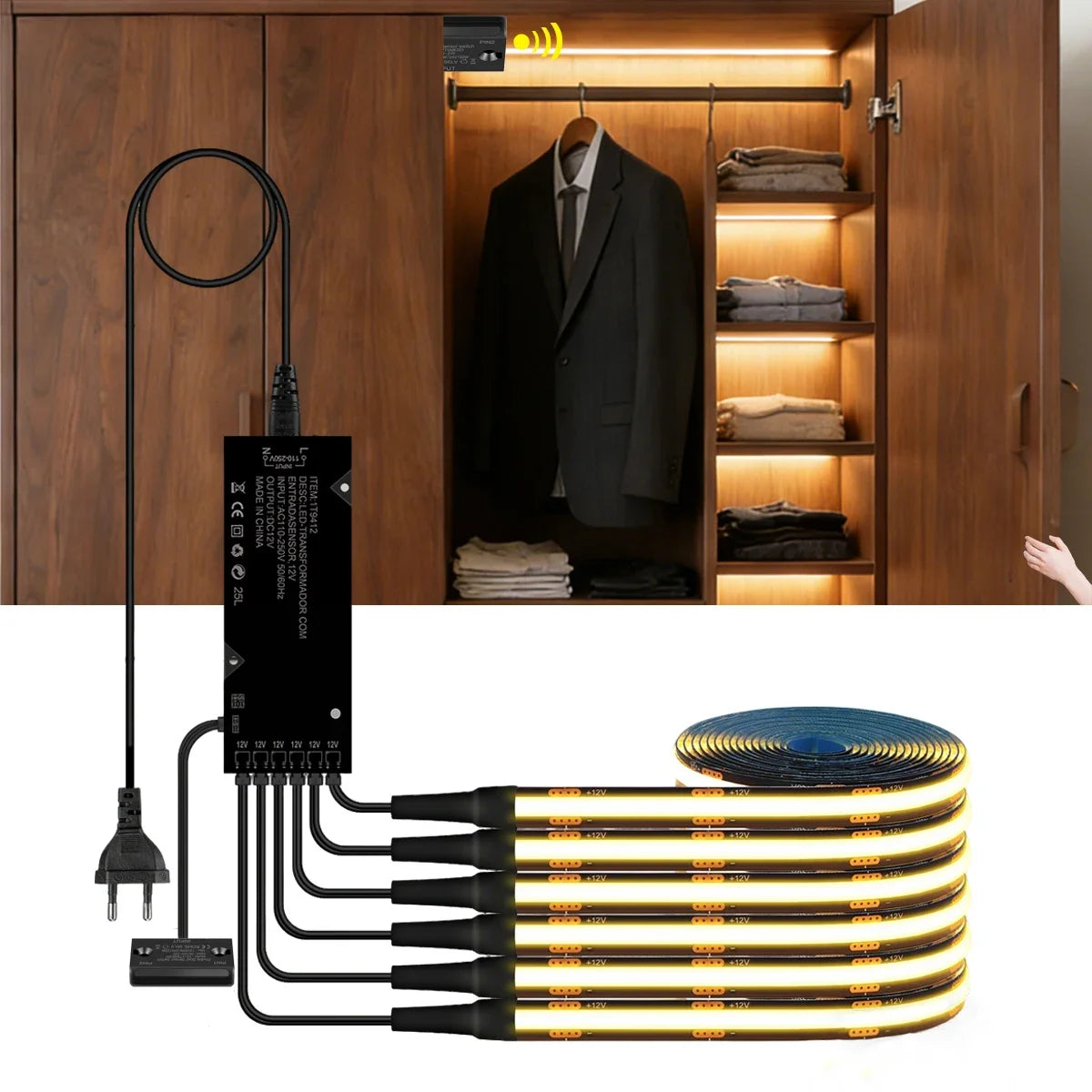 Door Sensor Switch Full Set Black LED Strip Light Power Kit Easy to Conceal,12V PCB COB Tape For Kitchen Cabinet Wardrobes Decor Oasis Select