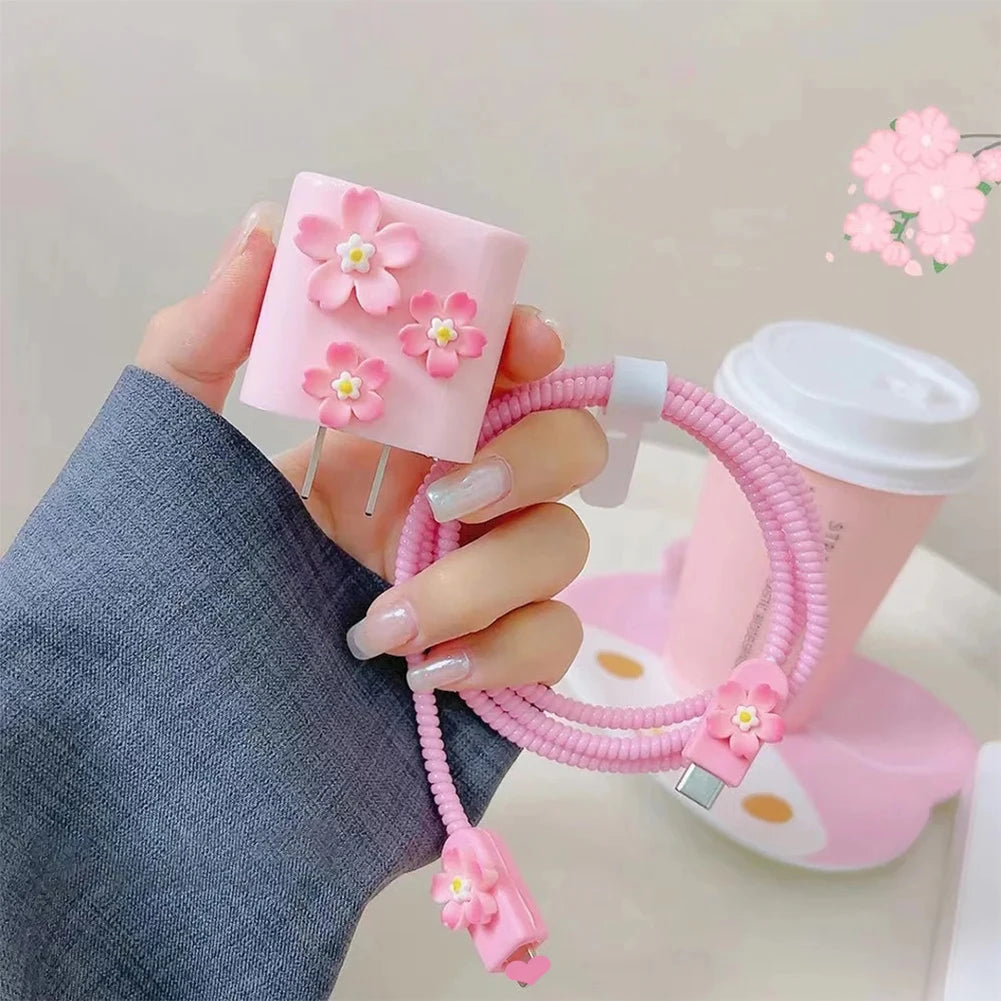 3D Pink Flower Cable Protector Sleeve for iPhone – 4 Pcs