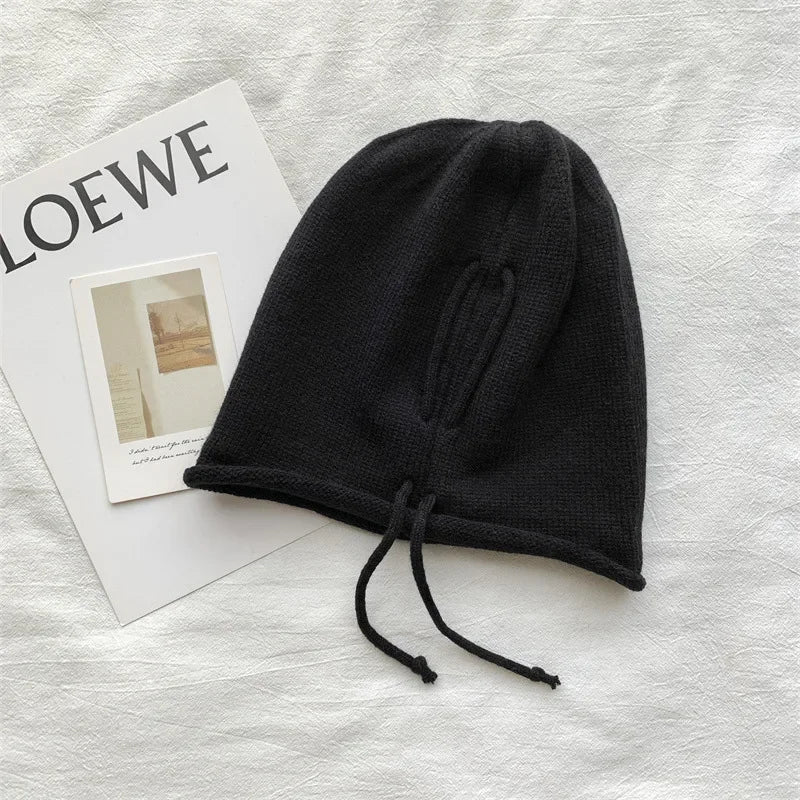 Knitted Bonnet Hoods Female Winter Warm Baggy Slouchy Beanies Hat Women Fashion Drawstring Pullover Cold Hats for Ladies Winter Oasis Select black