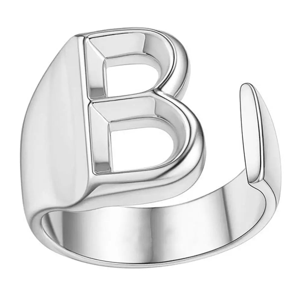 A-Z Initial Letter Ring – Adjustable Silver Open Ring for Women