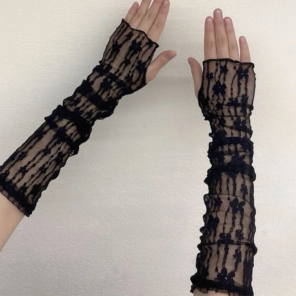 Fashion Lace Sunscreen Sleeve UV Protection Fingerless Driving Gloves Thin Women Arm Cover Summer Oasis Select Black