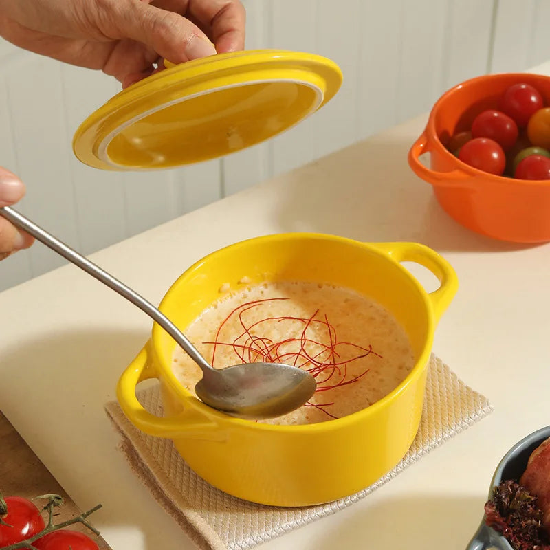 1Pc Small Ceramic Double Ear Bowl - Oven Safe for Steamed Egg Custard, Household Stew Soup, Pudding Baking & Stewing Pot Oasis Select