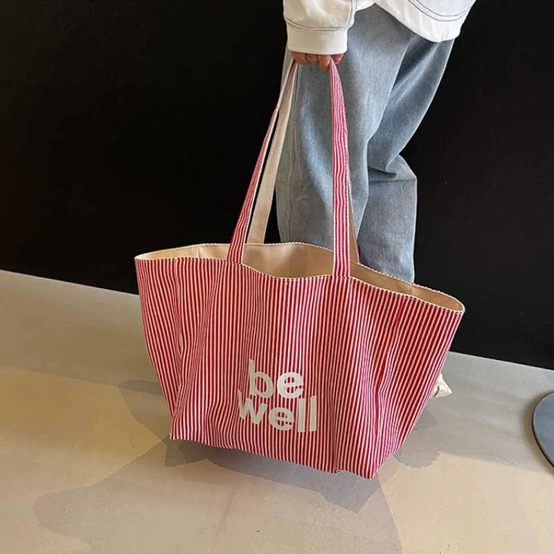 Large Capacity Tote Double-sided New Striped Casual Single Shoulder Textured Embroidered Canvas Bag for Students Oasis Select