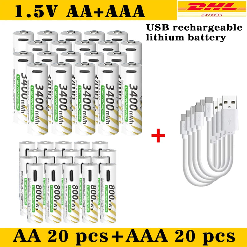 AAA and AA Rechargeable Batteries USB Lithium-ion 3400mWh 1.5V AA Rechargeable Batteries+800mWh 1.5V AAA Battery+ Type-C Cable Oasis Select AA 20pcs AAA 20pcs