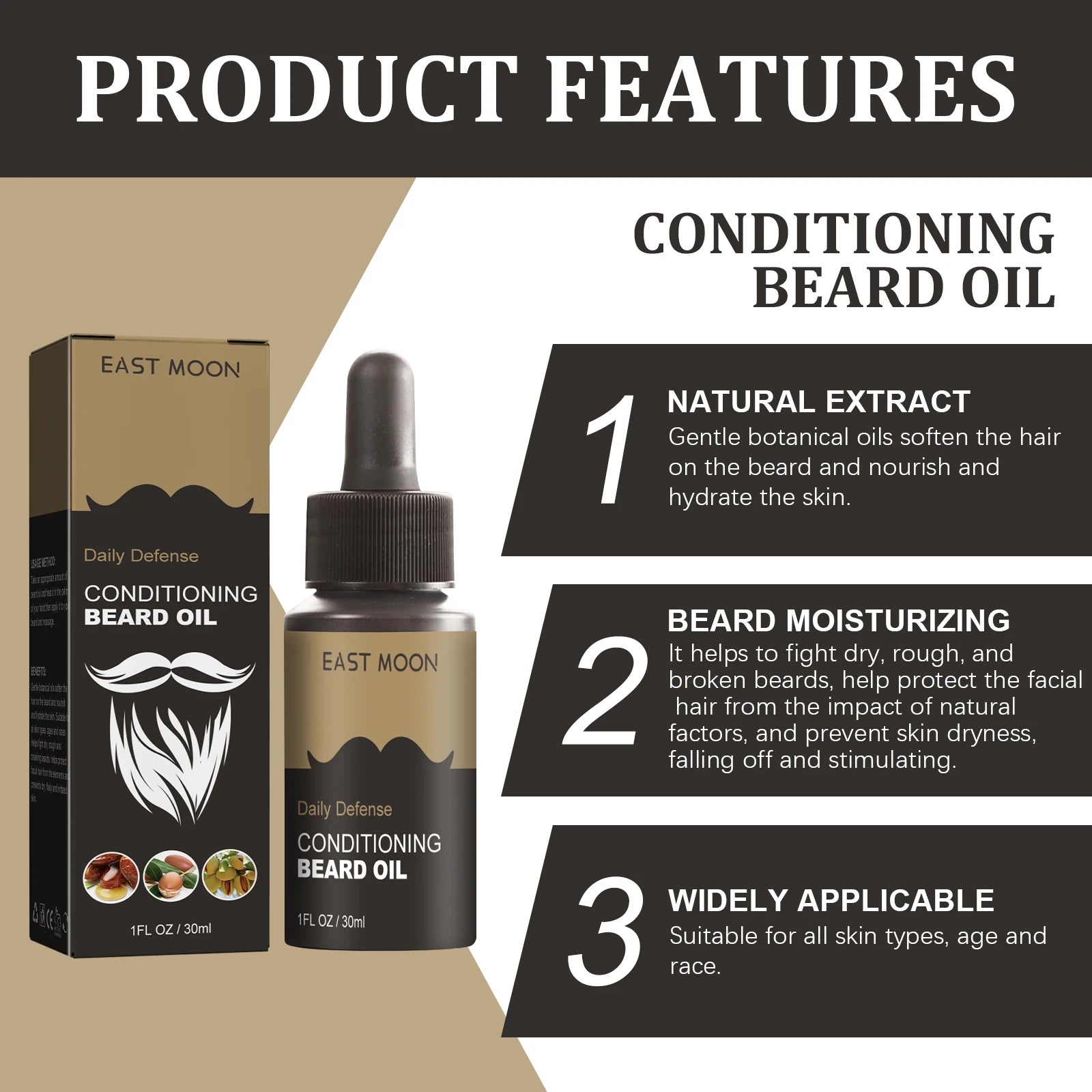 East Moon Beard Growth Oil Serum 30ml – Natural & Moisturizing Beard Growth Oil Oasis Select