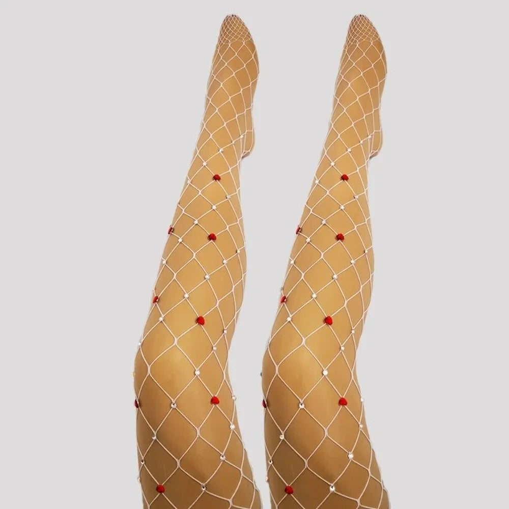 Hollow Out Rhinestone Pantyhose Thin Diamond Heart Patterned Fishnet Stockings Sparkling Larger Mesh Glitter Tights Oasis Select
