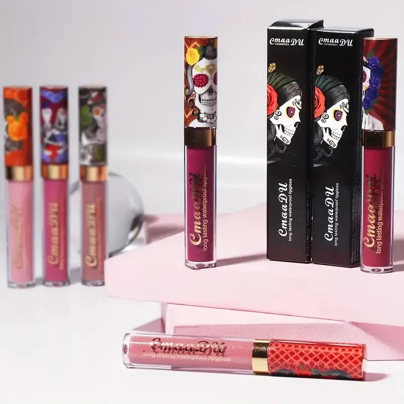 1pcs Matte Lip Gloss - Long-Lasting, Waterproof, Non-Fading, for All Skin Types - Vibrant Red Shades with Floral & Skull Designs Oasis Select