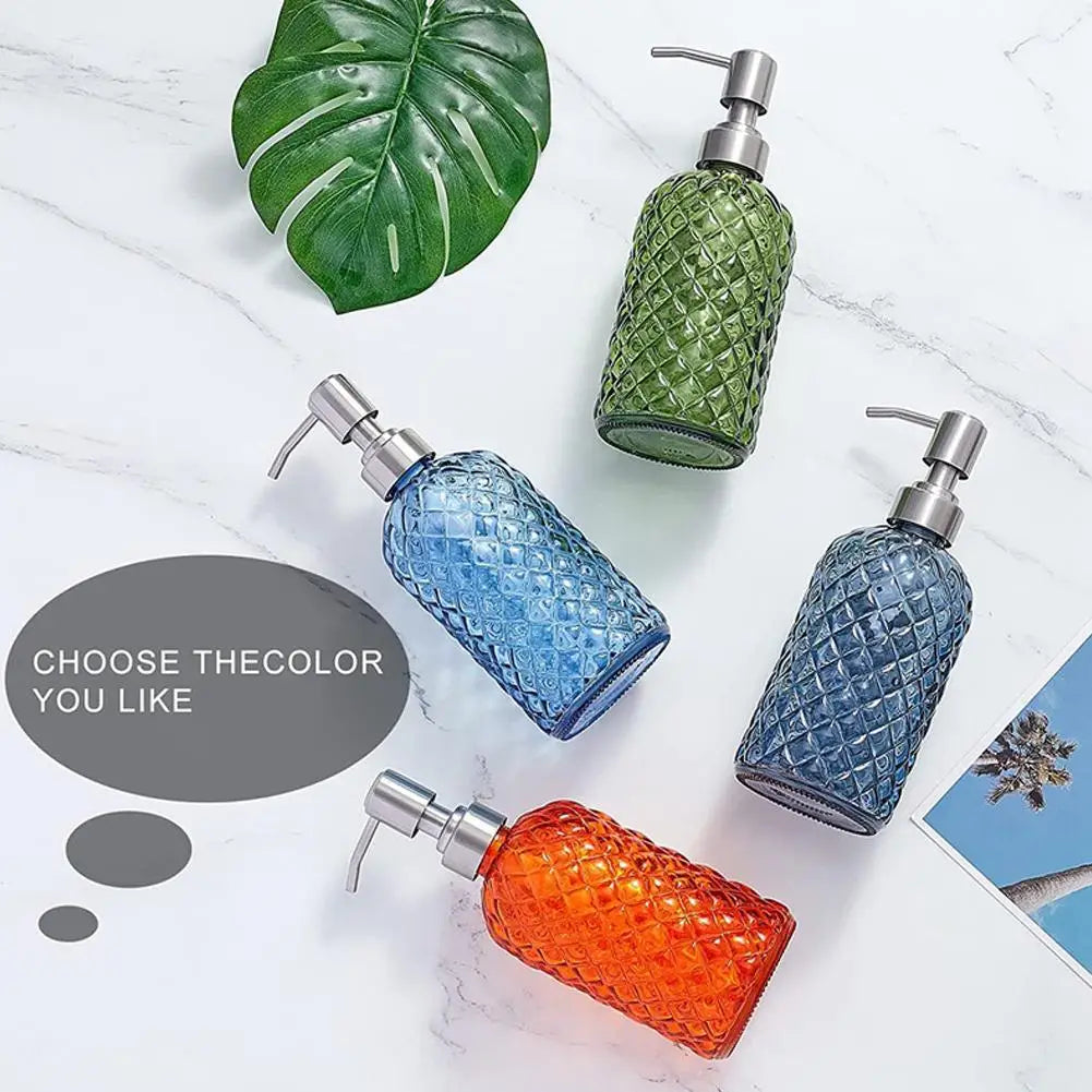 480ML Glass Soap Dispenser Rust Proof Stainless Steel Pump, Gem Patterned Refillable Hand Soap Dispenser for Kitchen Bathroom Oasis Select