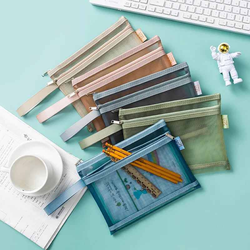 Morandi Double-layer A4 File Bag Test Paper Storage Bag A5A6 Mesh Pen Bag Transparent Office Classification Receipt Bag Oasis Select