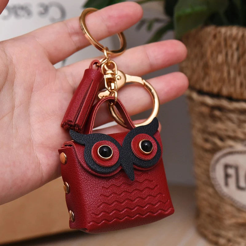 SXH 1PC Cute Key Bag Owl Coin Purse Mini School Bag Car Key Chain Pendant Lady Wallet Leather Coin Purses Coin Purse Keychain Oasis Select
