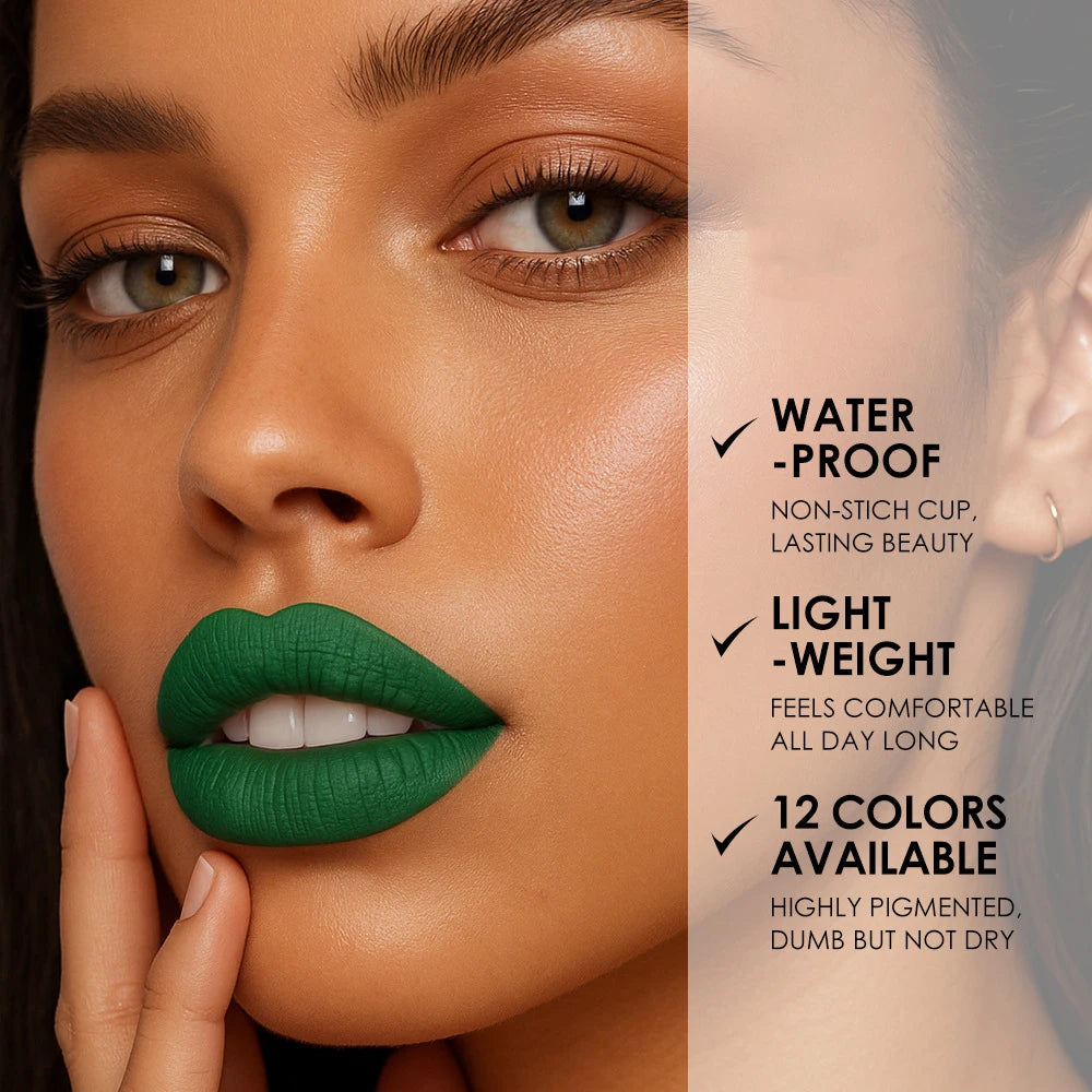 Matte Lipsticks 12 Colors Waterproof Long Lasting Lip Stain Non-stick Cup Sexy Red Black Lipstick Pigment Lip Cosmetics Oasis Select