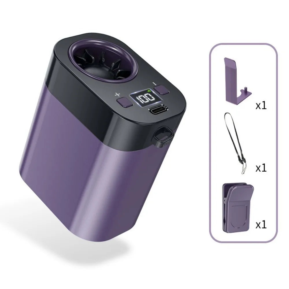 Portable Hand Free Waist Clip Fan Rechargeable Strong Airflow Hanging Neck Fan LED Display High-Speed Mini Electric Fan Working Oasis Select Purple