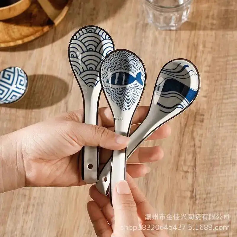 Japanese Blue And White Ceramic Spoon Extended Length For Drinking Soup Kitchen Cooking Utensil Oasis Select