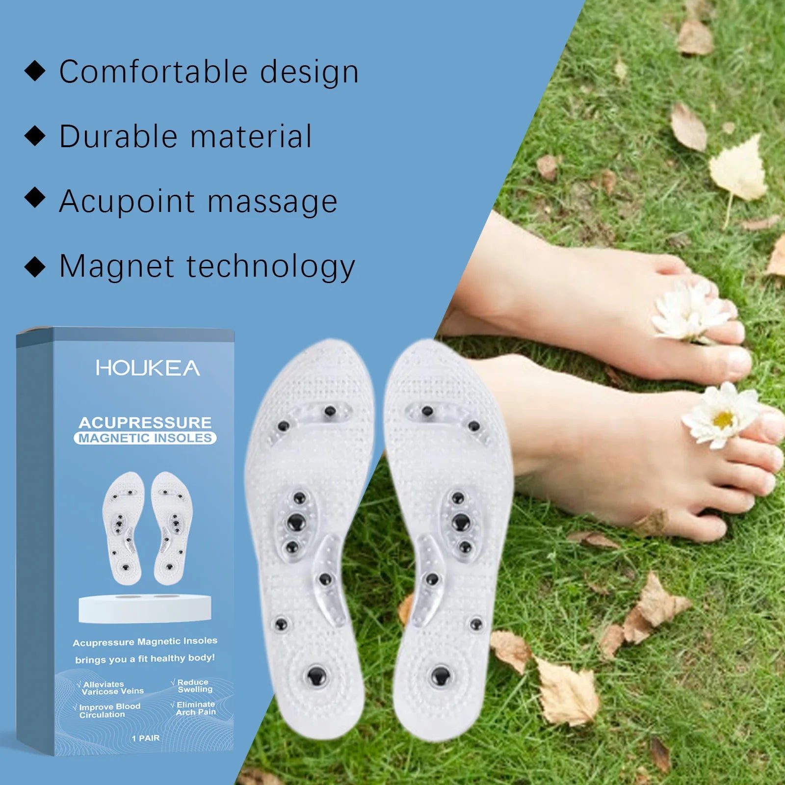 HOUKEA Acupressure Magnetic Insoles – Foot Pain & Fatigue Relief Acupressure Shoe Insoles Oasis Select