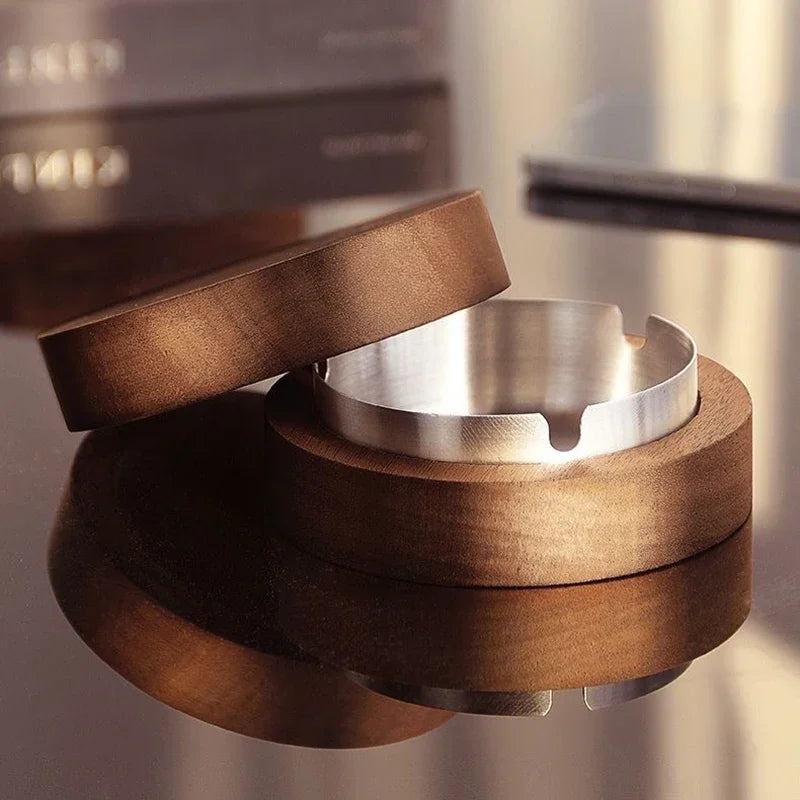 1pc Walnut Wood Ashtrays with Lid Covered Windproof Ashtray Stainless Steel Liner Indoor Outdoor Ash Tray for Home Oasis Select
