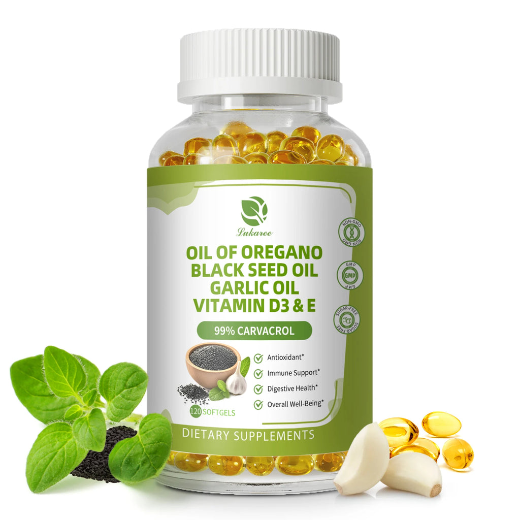 LUKAREE Oregano Oil Capsules with Black Seed Oil,Garlic Oil,Vitamin D3 E for Antioxidant,Immune & Digestive Support Non GMO Oasis Select 120pcs 2bottles United States