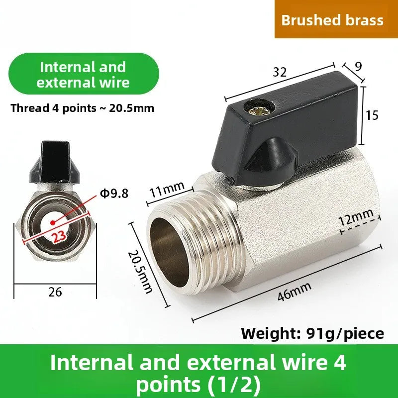 Mini Ball Valve Switch Water Pipe PT1/8, 1/4, 3/8, 1/2 Gas Electric Copper Ball Valve Double Inner and Outer Wire Teeth Oasis Select Inside Outside 4 A 1PCS
