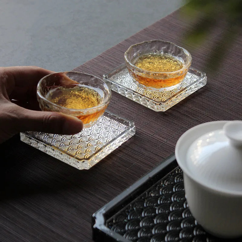 Glass Sea Wave Pattern Glass Coaster Square Round Whiskey Teacup Kung Fu Tea Cup Mat Saucer Wine Tumbler Holder Oasis Select