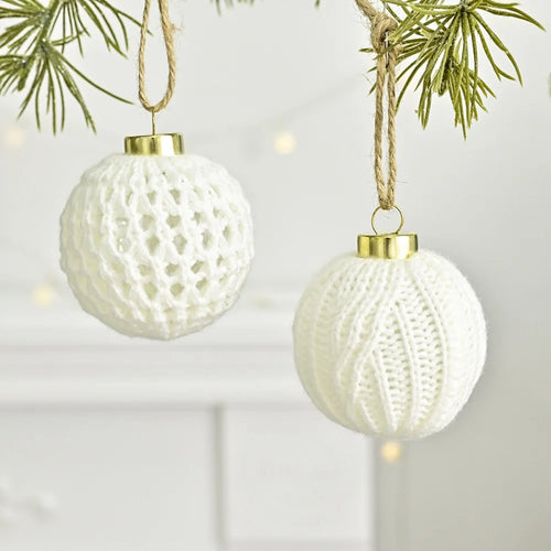 12-Piece White Knitted Yarn Christmas Ball Ornaments Set Christmas Ball Ornaments Oasis Select