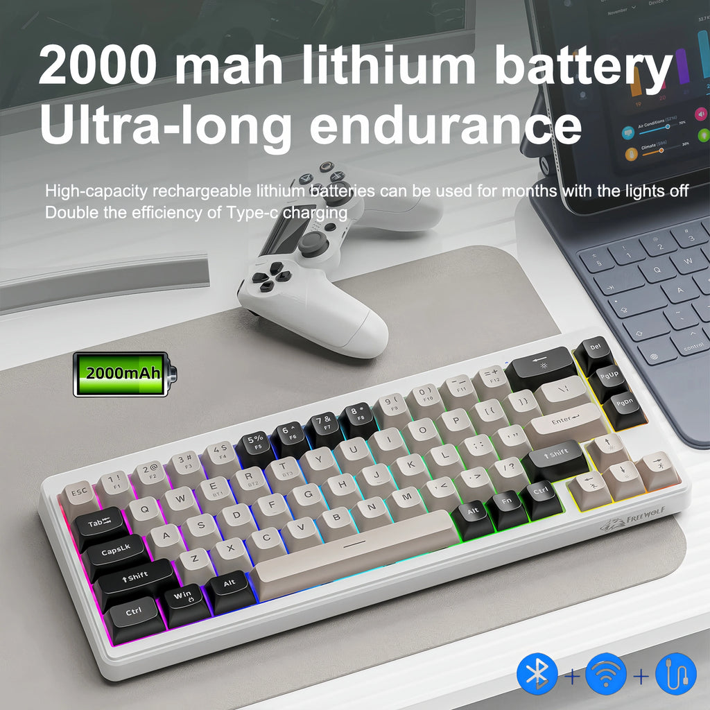 FREEWOLF M68 Three-mode BT/2.4G/Wired Keyboard, 2000mAh Battery, Colorful Rainbow Backlit, Durable PBT Keycaps, Double Leg Brace Oasis Select