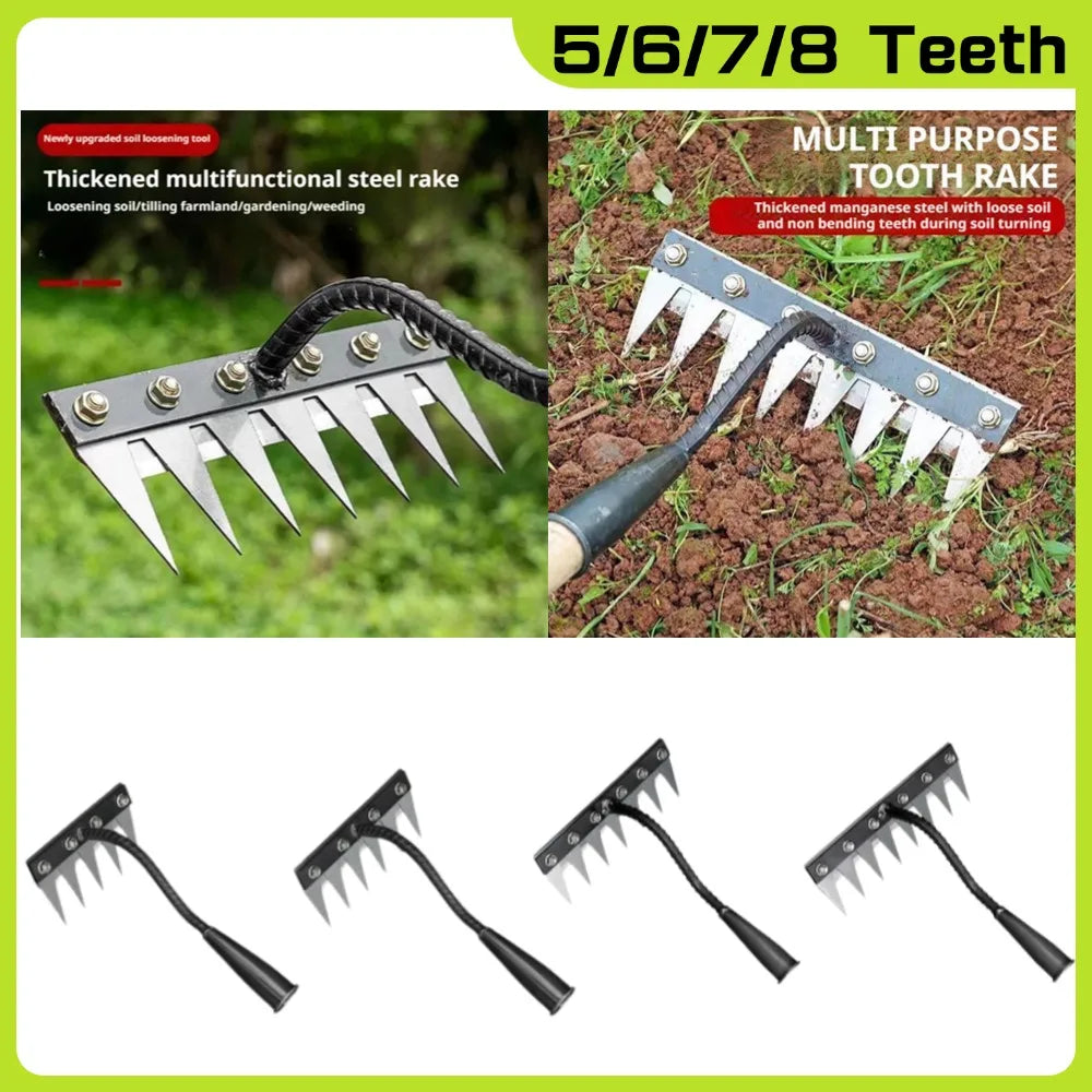 5/6/7/8 Teeth Iron Gardening Hoe Weeding Rake Farm Tool Grasping Raking Loosening Soil Nail Rake Tool Artifact Harrow Farm Tool Oasis Select 7 teeth