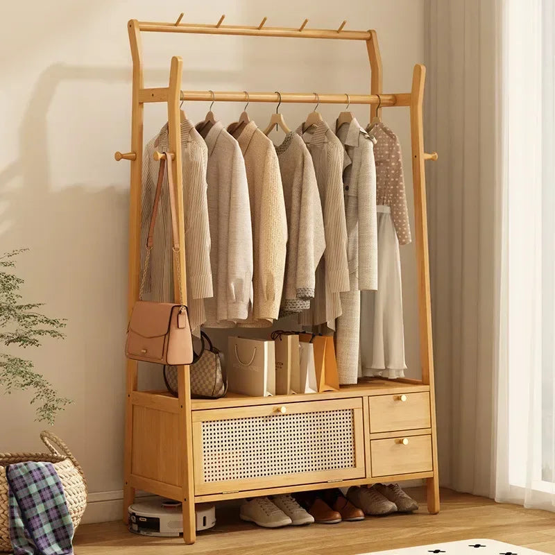 Multi-functional Bedroom coat hanger, floor-standing household mobile wheeled coat rack, retro indoor multi-functional coat rack Oasis Select