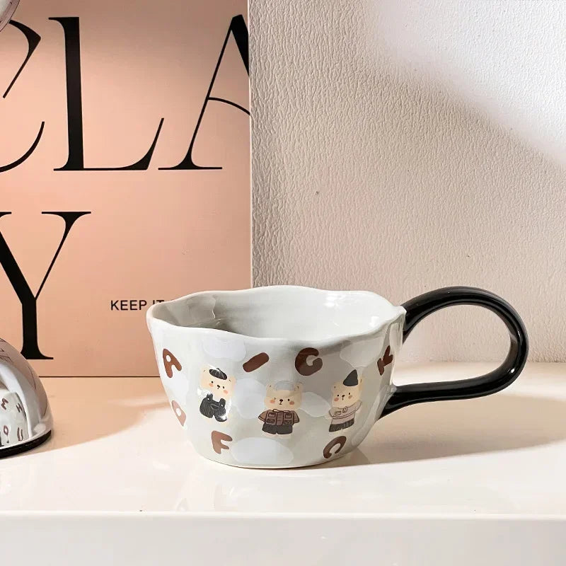 300ml Hand-painted Flower Ceramic Coffee Cup Cute Style Print Porcelain Handmade Breakfast Milk Juice Tea Chocolate Handle Mug Oasis Select Black 300ml