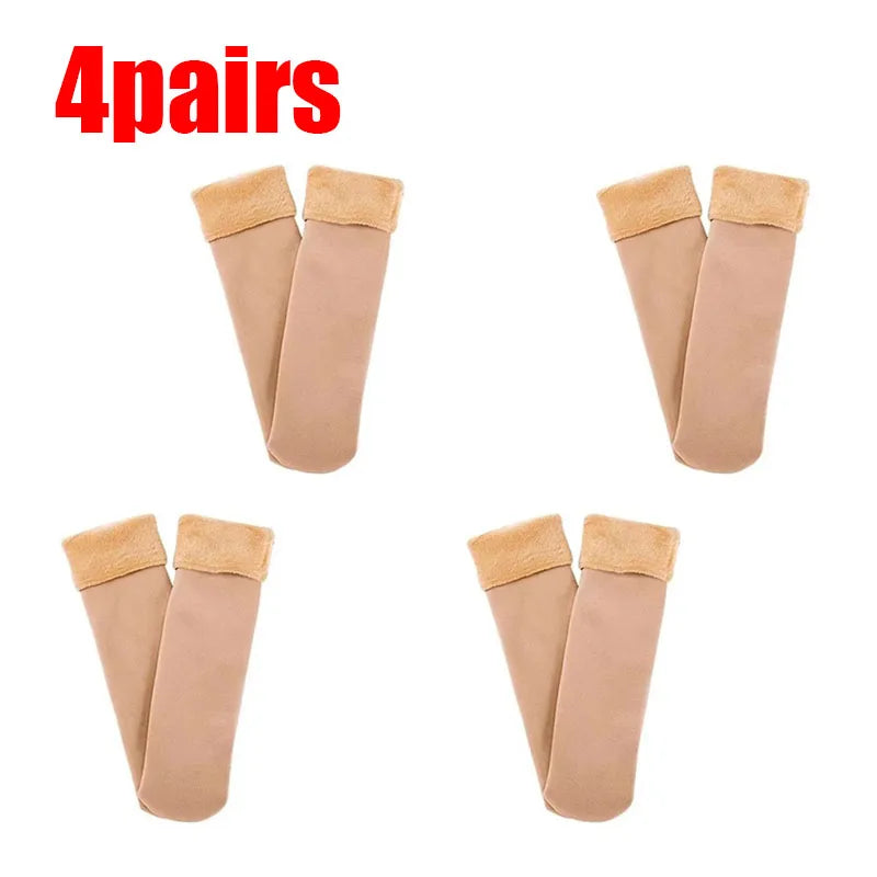 1/2/3/4Pairs Thermal Winter Thicken Plush Socks Women Solid Color Velvet Floor Socks Girls Fleece Lining Nylon Mid-Tube Stocking Oasis Select 4pairs skin One Size