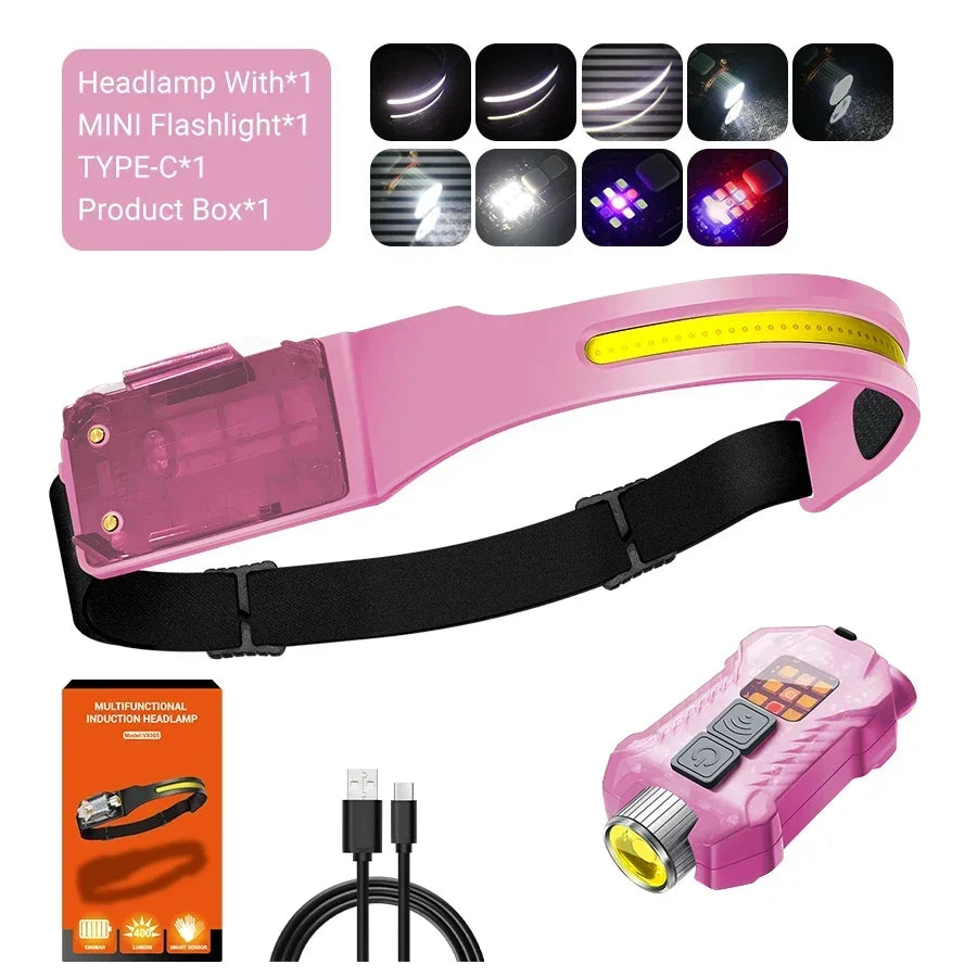 1500LM High Power LED Headlamp COB Head Flashlight With 7500Mah Built-in Battery USB Rechargeable Fishing Camping Lantern Torch Oasis Select XW005-pink