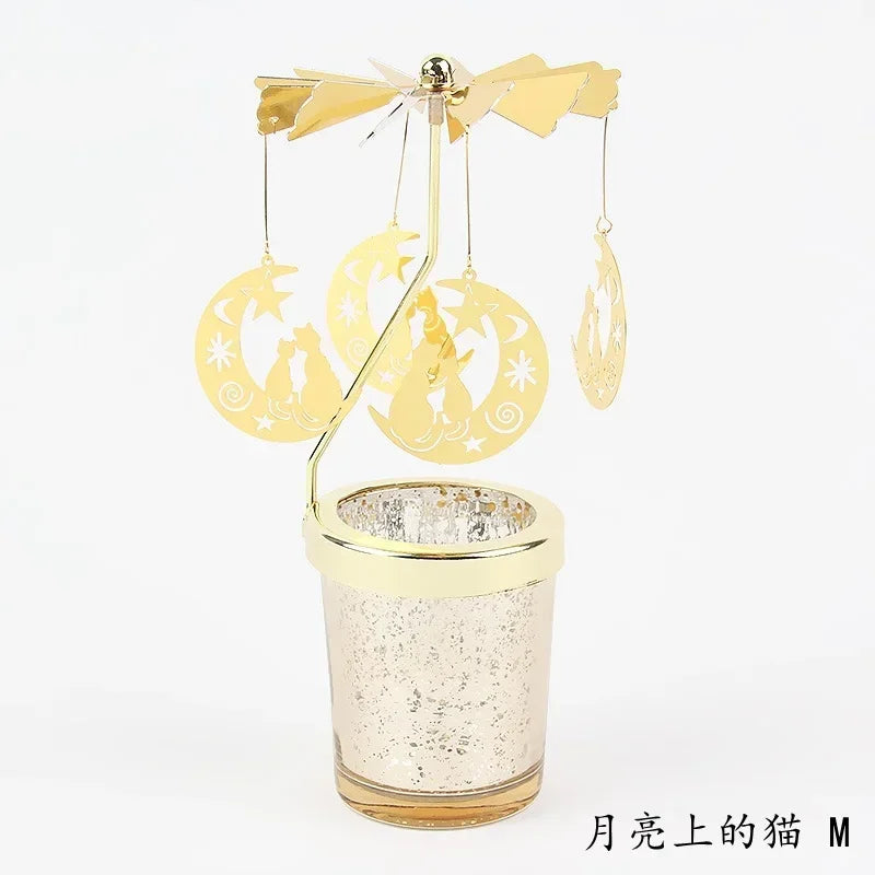 Gold Romantic Rotating Candlesticks Home Christmas Party Decoration Snowman Rotation Spinning Carrousel Tea Light Candle Holder Oasis Select M